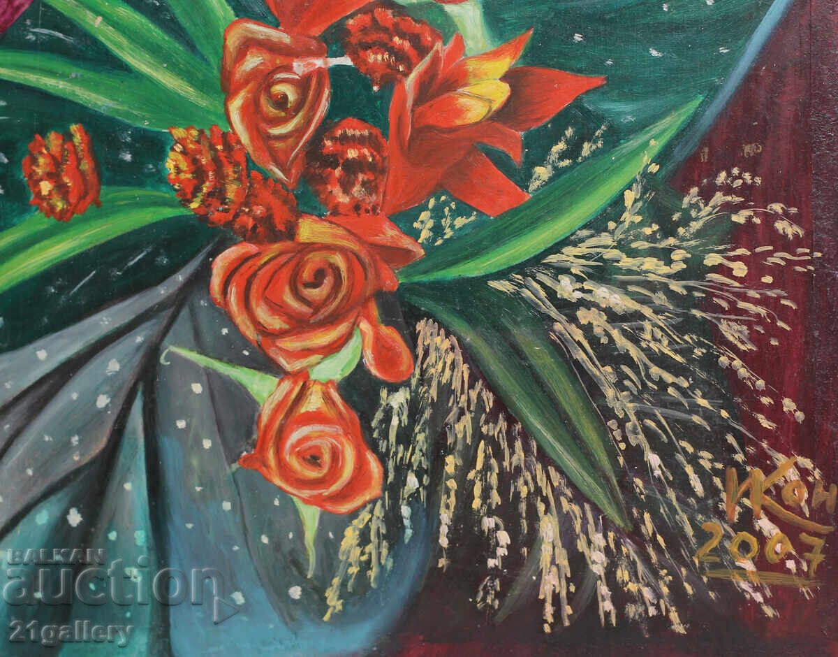 Still life with roses, oil paints, signed 2007. - 6