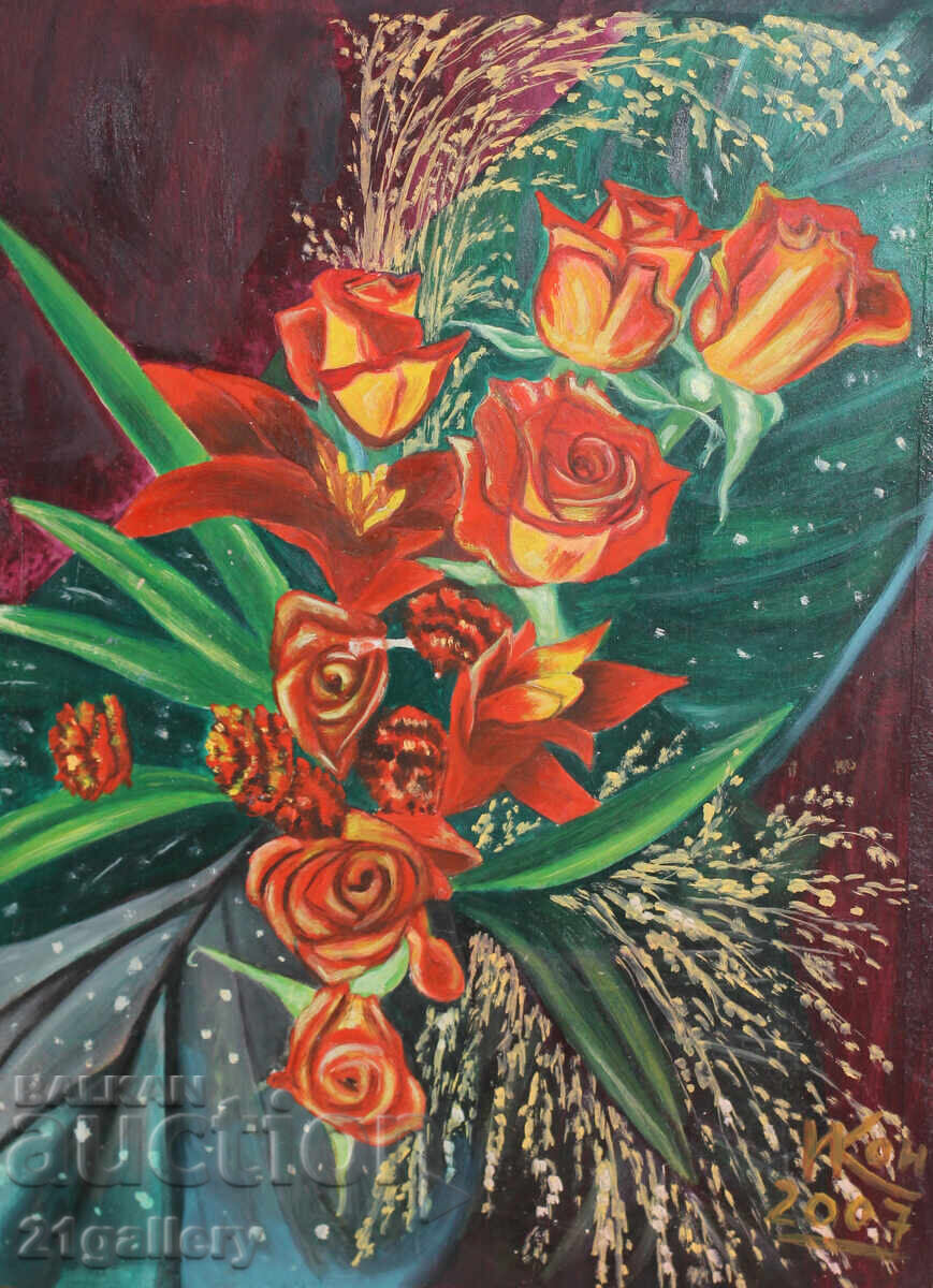 Still life with roses, oil paints, signed 2007.
