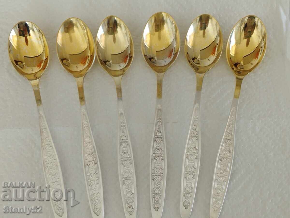 6 pcs. USSR cupronickel spoons with gilding for tea, coffee, ice cream 6 pcs. USSR cupronickel spoons with gilding for tea, coffee, ice cream