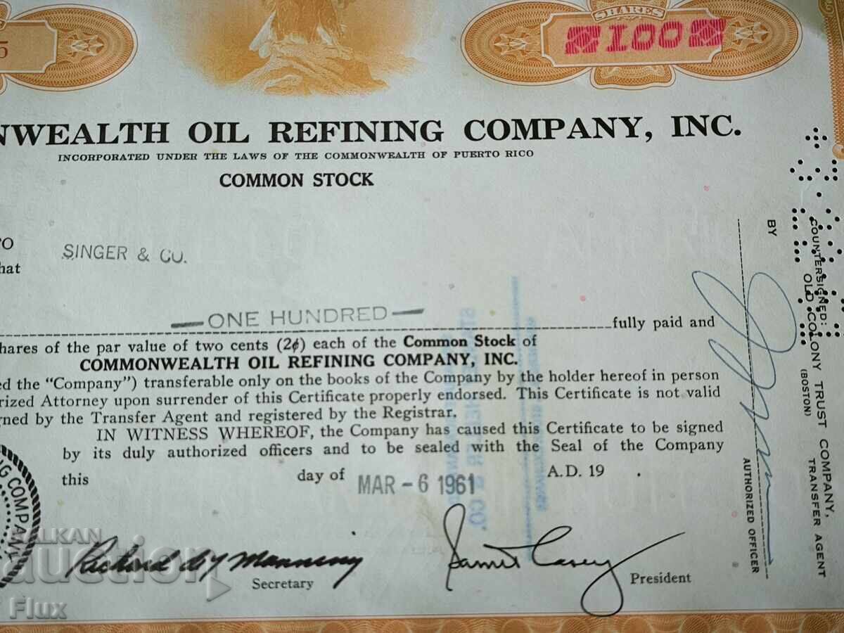 Delivery of Share Certificate | Commonwealth Oil Refining Inc | 1961 Delivery of Share Certificate | Commonwealth Oil Refining Inc | 1961
