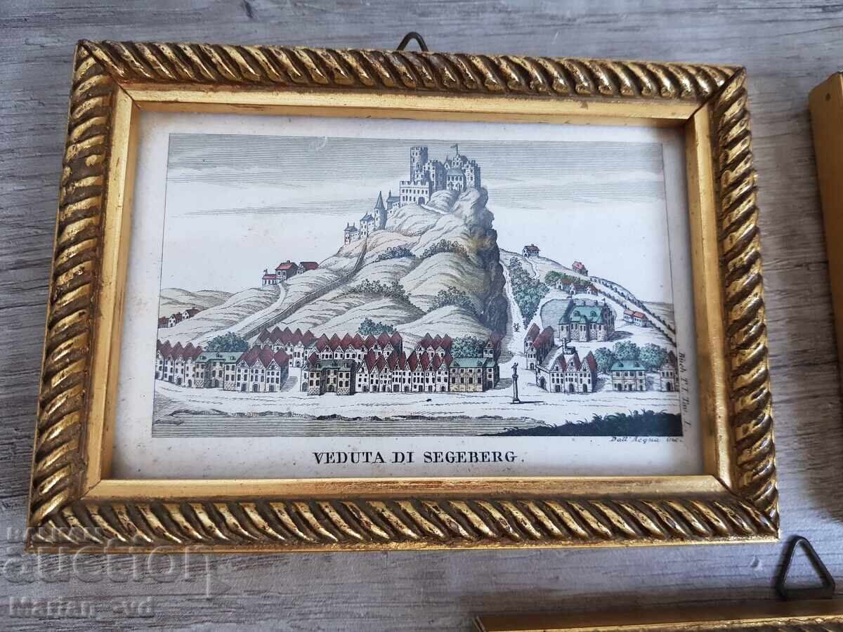 Old lithographs in a frame - 3 pieces - 6 Old lithographs in a frame - 3 pieces - 6