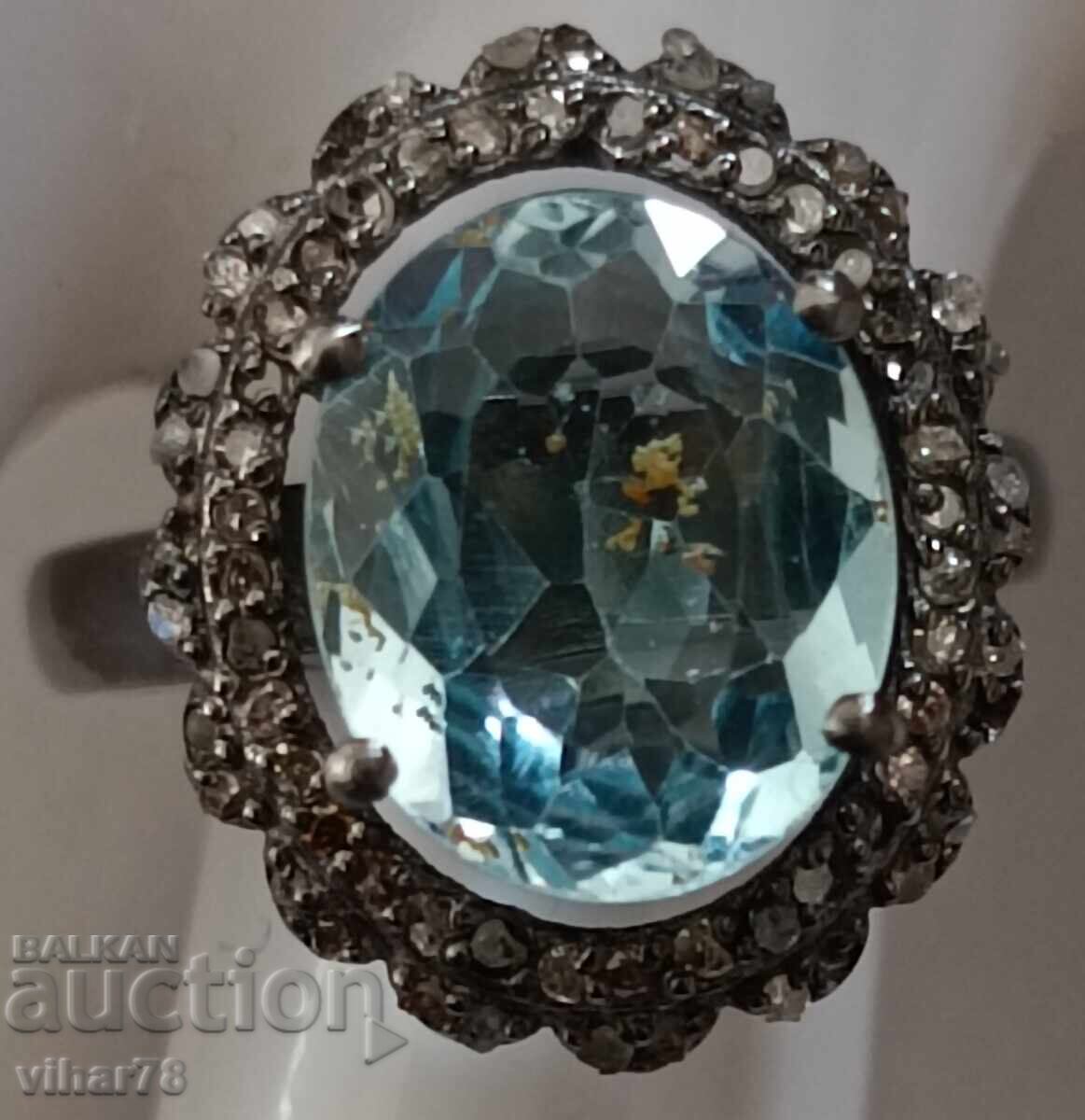 silver ring with aquamarine and surrounded by a scale of diamonds - 6