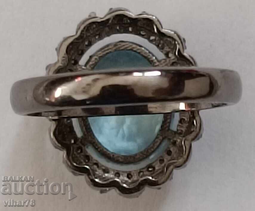 silver ring with aquamarine and surrounded by a scale of diamonds - 7