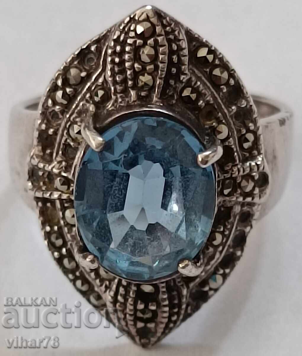 silver ring with aquamarine and marcasite with price 139.99 BGN | € 71.58