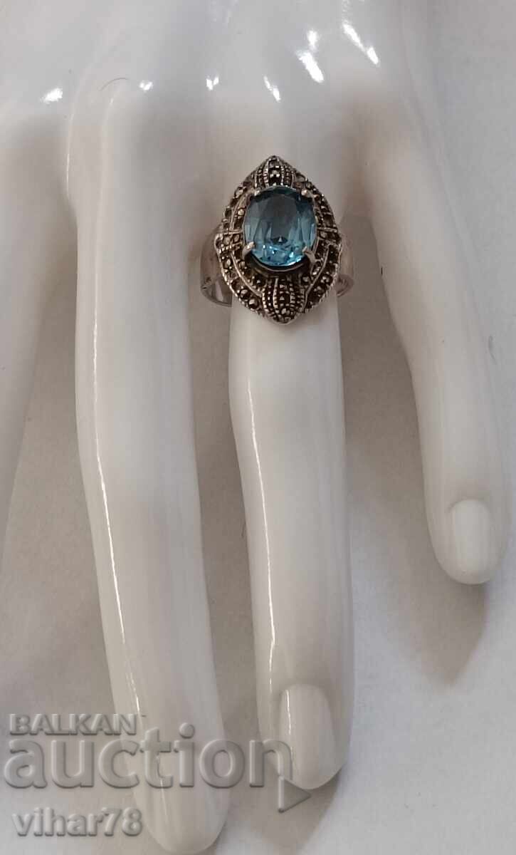Auction  silver ring with aquamarine and marcasite