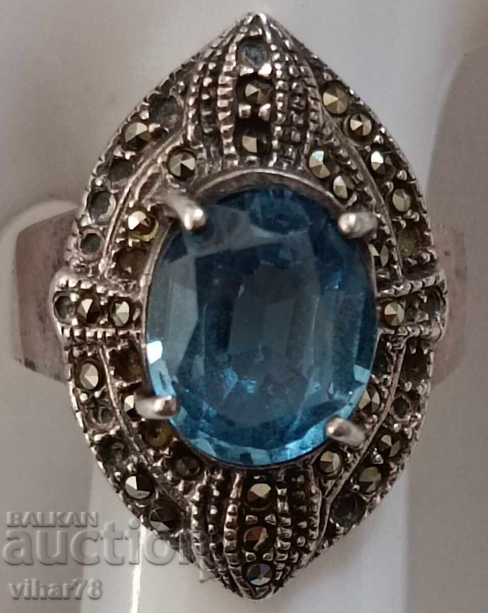 silver ring with aquamarine and marcasite - 7