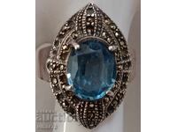 silver ring with aquamarine and marcasite