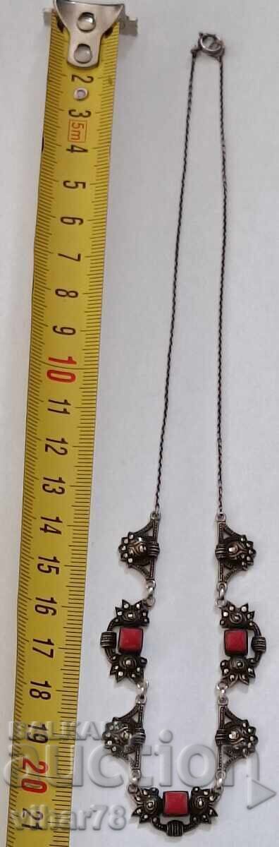 Colier din argint vechi cu coral si marcasite - 5
