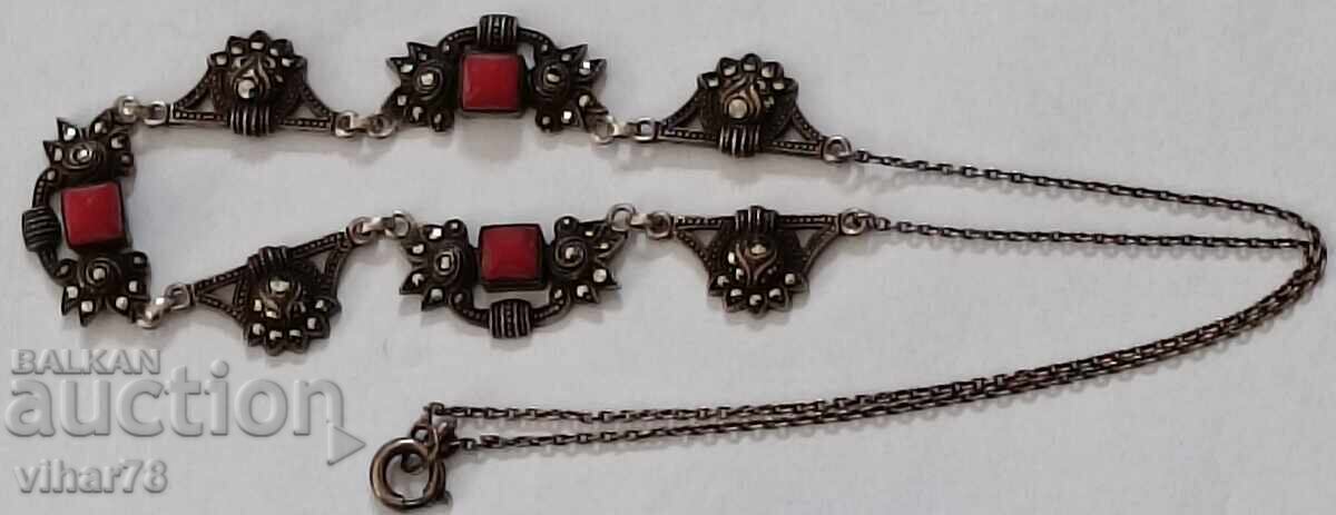 Old silver necklace with coral and marcasite - 6 Old silver necklace with coral and marcasite - 6