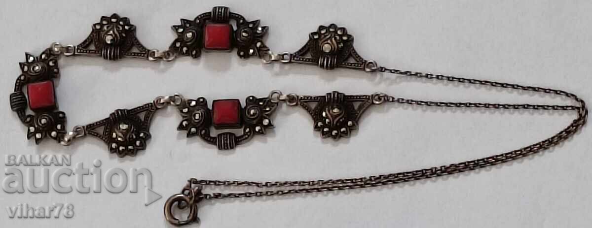 Colier din argint vechi cu coral si marcasite - 6