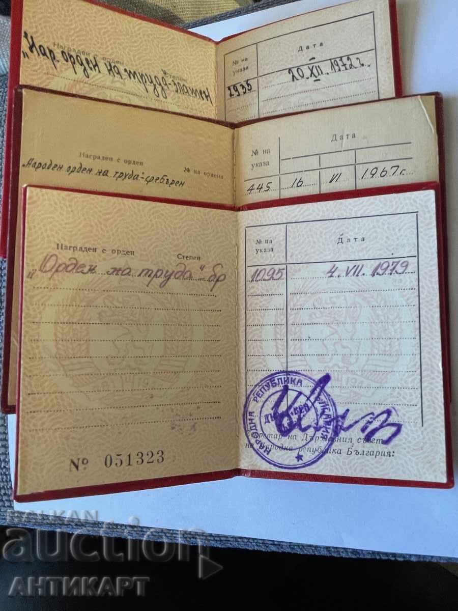 3 pieces of order book document for the People's Order of Labor with price 21.00 BGN | € 10.74