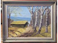 Oil painting tree house birches signature