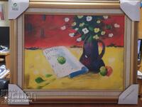 Oil painting canvas vase with flowers and letter