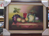 Painting oil canvas fruit and wine