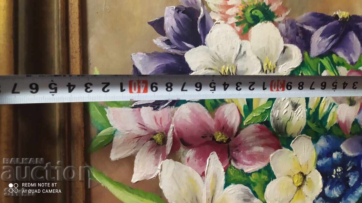 Auction Oil painting on fiberboard flowers, artist's signature Auction Oil painting on fiberboard flowers, artist's signature