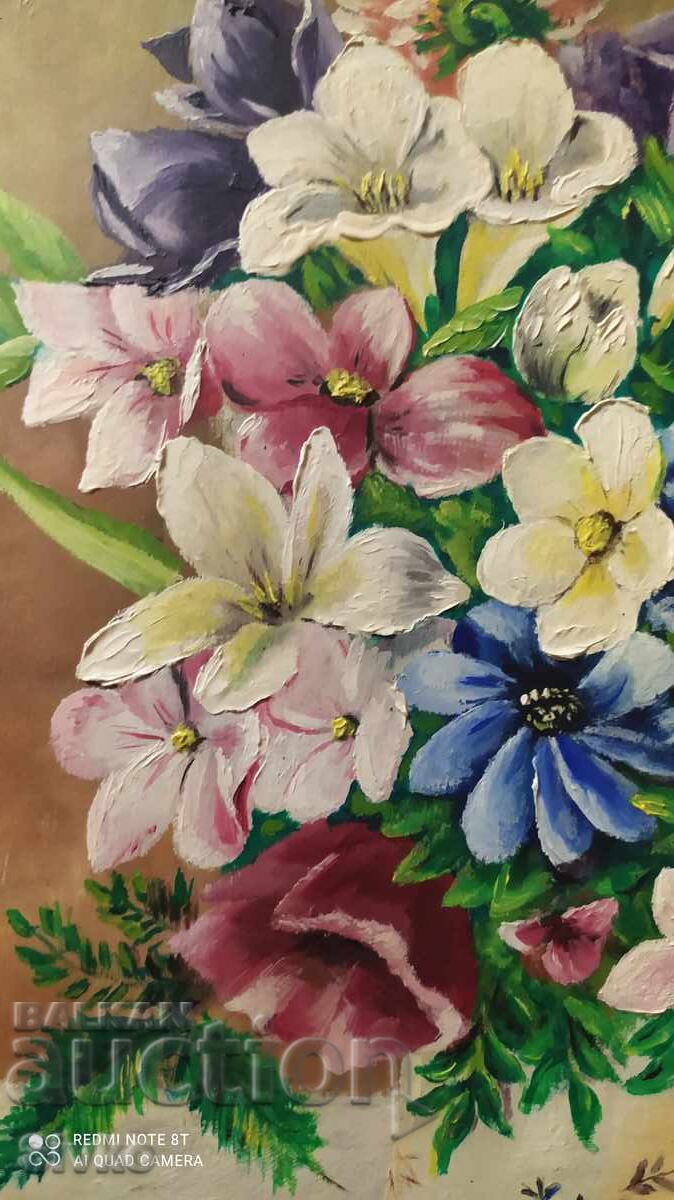 Oil painting on fiberboard flowers, artist's signature - 5 Oil painting on fiberboard flowers, artist's signature - 5
