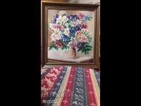 Oil painting on fiberboard flowers, artist's signature