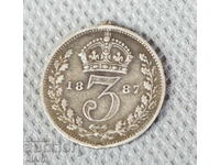 1887 Great Britain Silver Coin 3 pence Queen Victoria