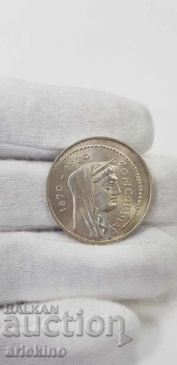 Доставка на Красива сребърна монета 100 лири 1870 - 1970 г.