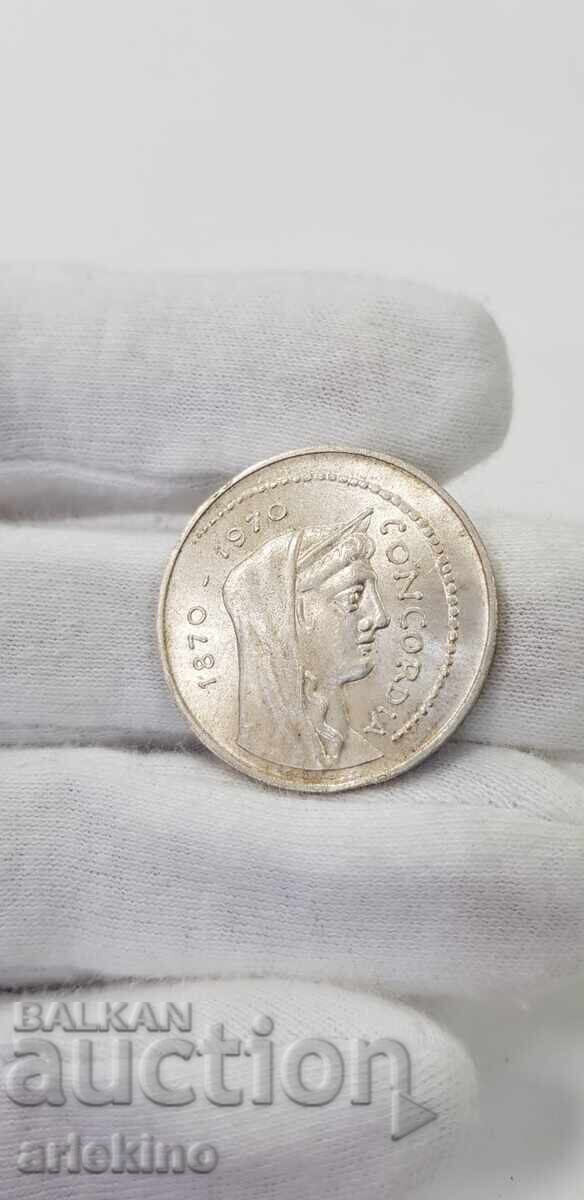 Красива сребърна монета 100 лири 1870 - 1970 г. - 5