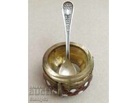 Russian cupronickel caviar dish, sauces with cupronickel spoon.