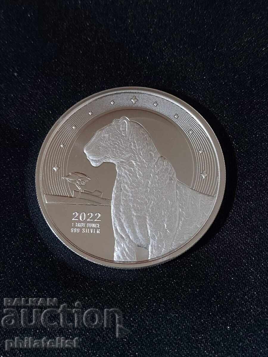 Ghana 2022 - 5 Cedis – Leopard - 1 OZ , Silver coin BU