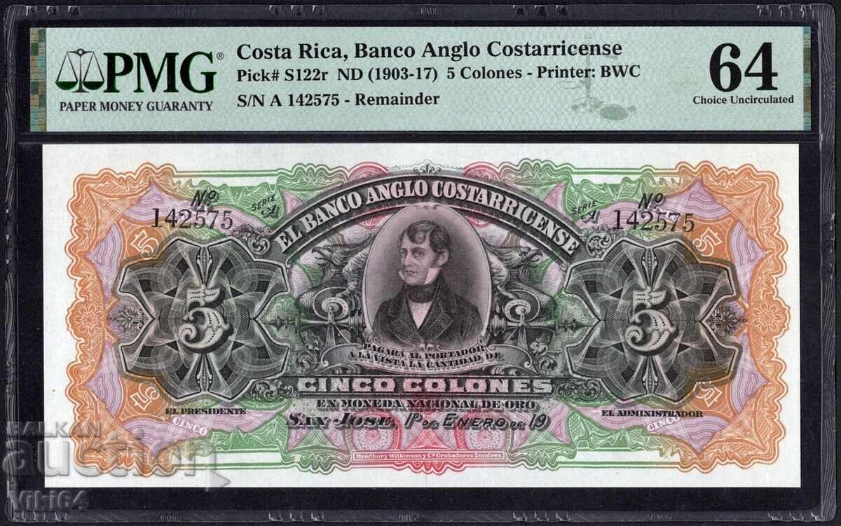 PMG 64 Certificate Costa Rica Banknote 5 Colones 1903-1917