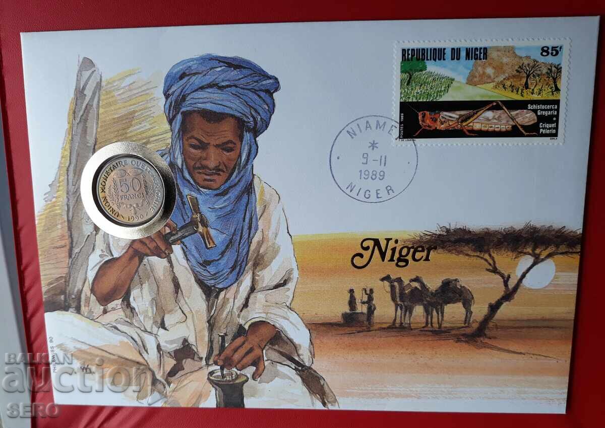 Niger-50 francs 1990 and postage stamp in a beautiful envelope