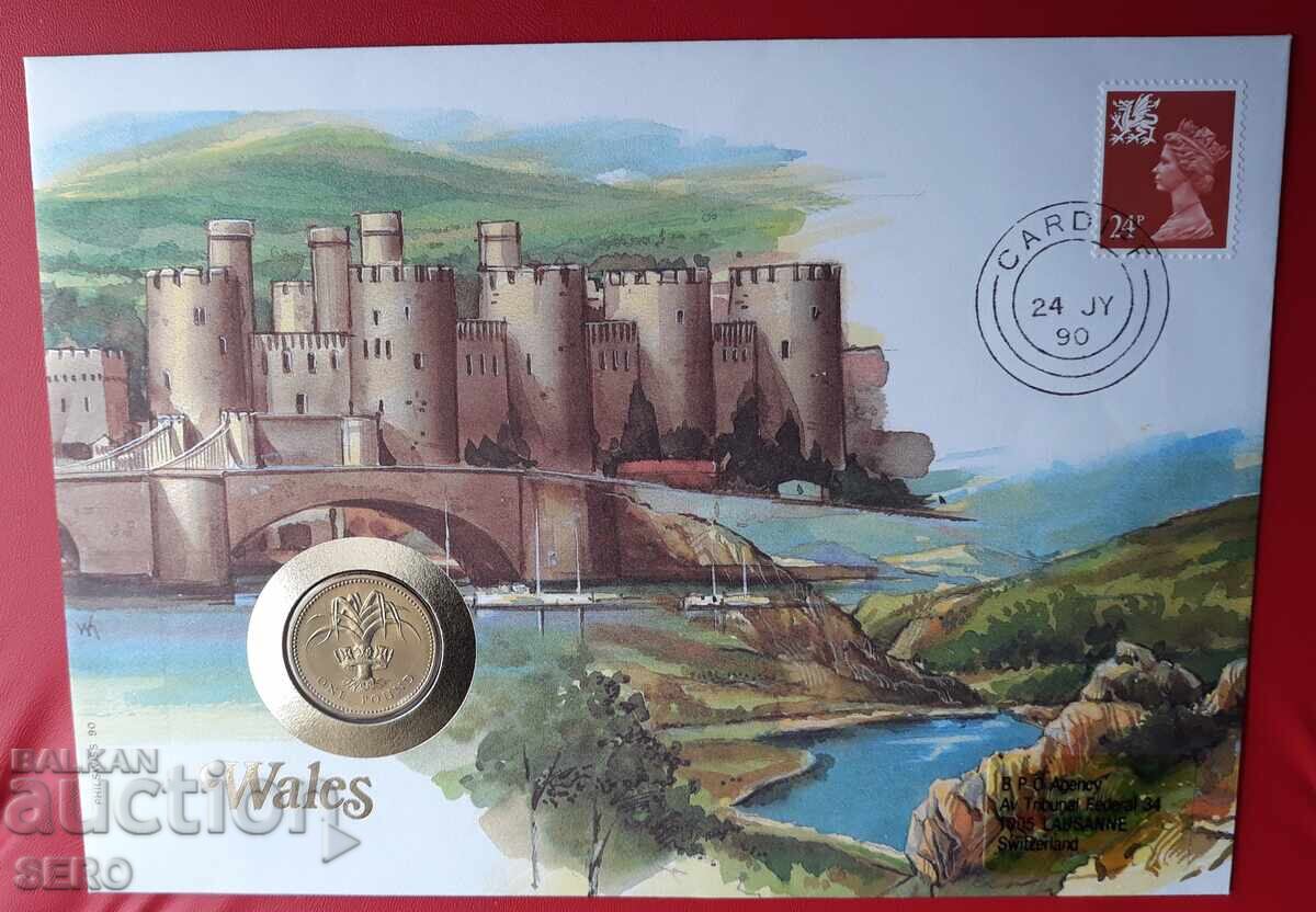 Wales-1 pound 1990 and postage stamp in a beautiful envelope