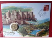 Wales-1 pound 1990 and postage stamp in a beautiful envelope