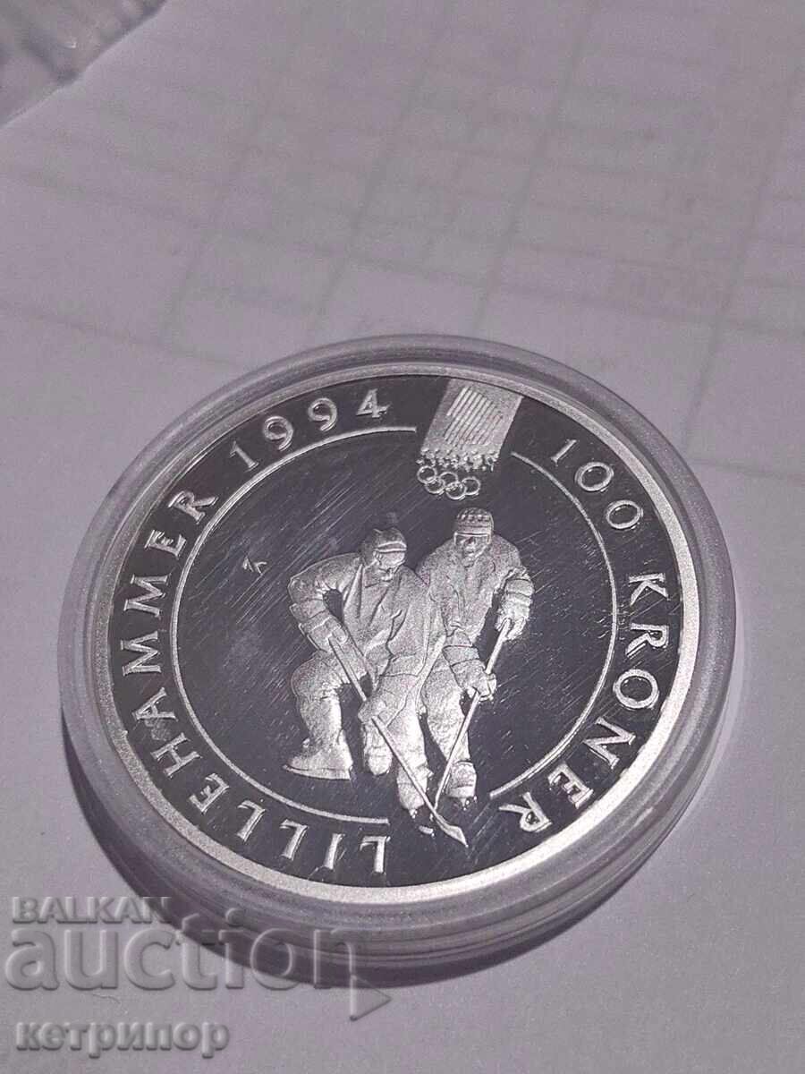 100 de coroane Norvegia 1992 argint. Dovada