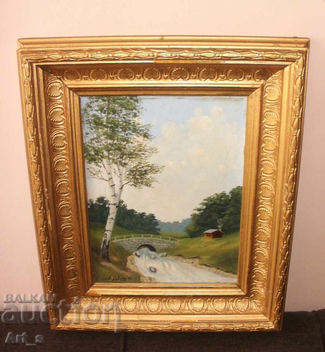 Παράδοση Παλιό ιμπρεσιονιστικό τοπίο λαδιού σε πλαίσιο από το 1905