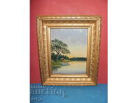 Old Impressionist landscape with oil paints in a frame from 1905