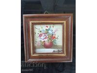 Painting miniature flowers oil on fiberboard signed