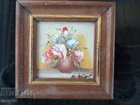 Painting miniature flowers oil on fiberboard signed