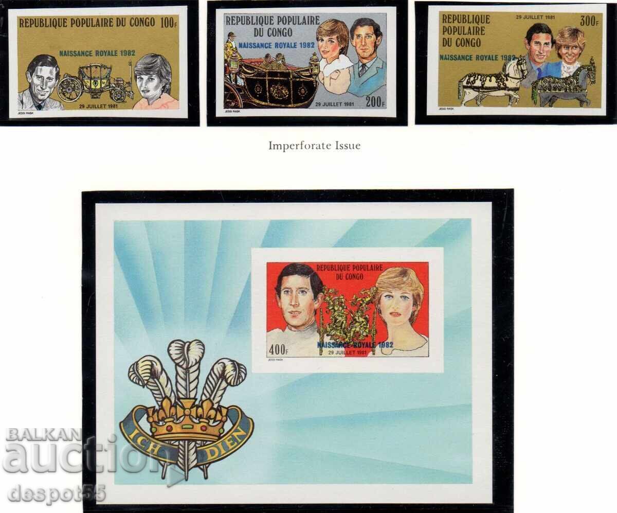 1982. Congo, Rep. Birth of Prince William + Block. Overprint 1982. Congo, Rep. Birth of Prince William + Block. Overprint
