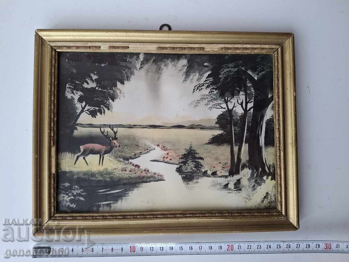 Licitație Tablou vechi, fotografie peisaj forestier, ramă, sticlă