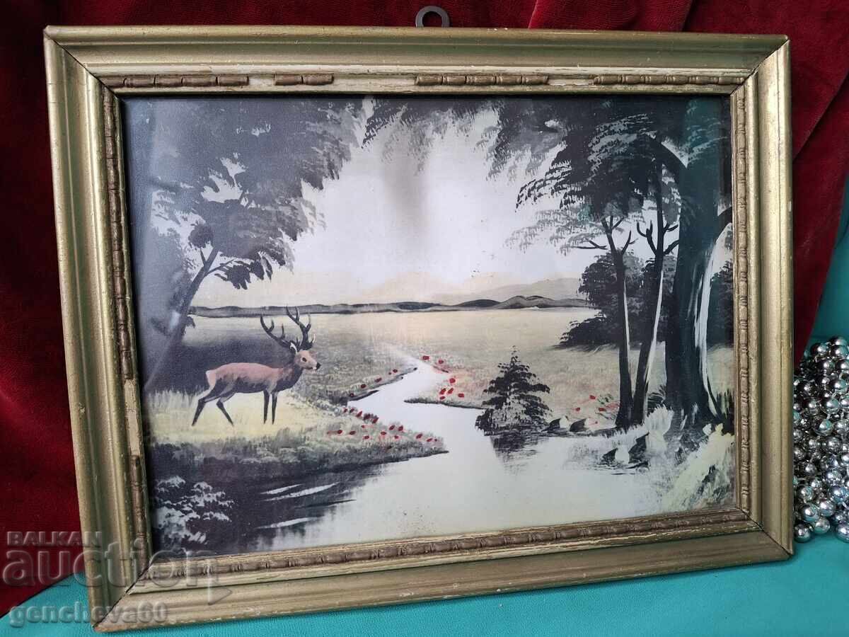Tablou vechi, fotografie peisaj forestier, ramă, sticlă - 5