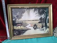 Old painting, photograph of a forest landscape, frame, glass