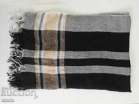 Large black scarf with fringe and light gray stripes