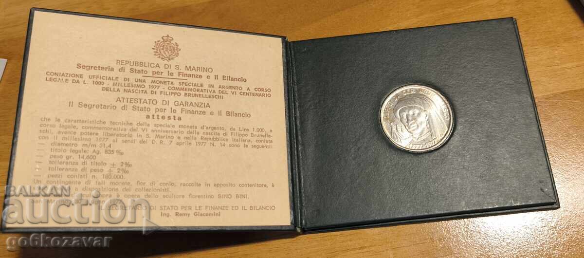 San Marino 1000 Lira 1977 Silver UNC - 5 San Marino 1000 Lira 1977 Silver UNC - 5