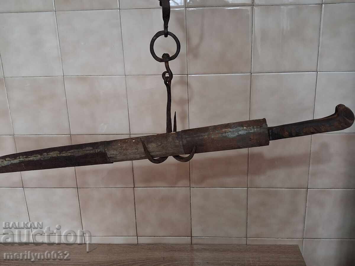 Licitație Iatagan bulgăresc de Damasc karakulak cuțit mare cu plăsele din corn