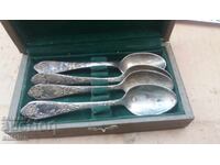 SET OF 4 THICK SILVER-PLATED SPOONS WITH MARKING AND BOX