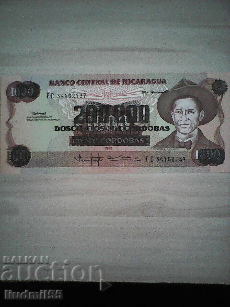 NICARAGUA 500,000 córdobas 1985 UNC overprint on 1000 NICARAGUA 500,000 córdobas 1985 UNC overprint on 1000