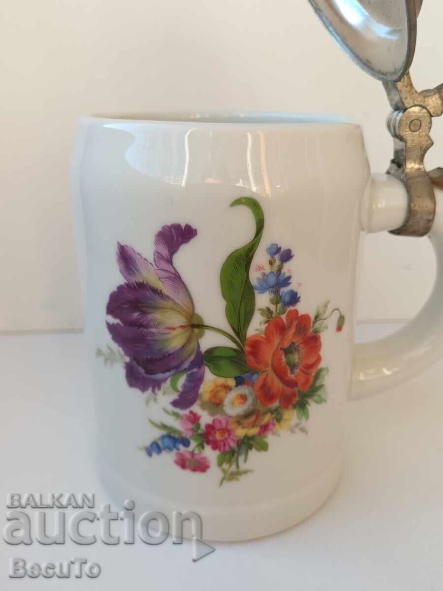WMF, VMF porcelain mug with pewter lid, Meissen bouquet - 6 WMF, VMF porcelain mug with pewter lid, Meissen bouquet - 6