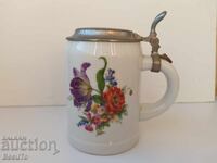 WMF, VMF porcelain mug with pewter lid, Meissen bouquet