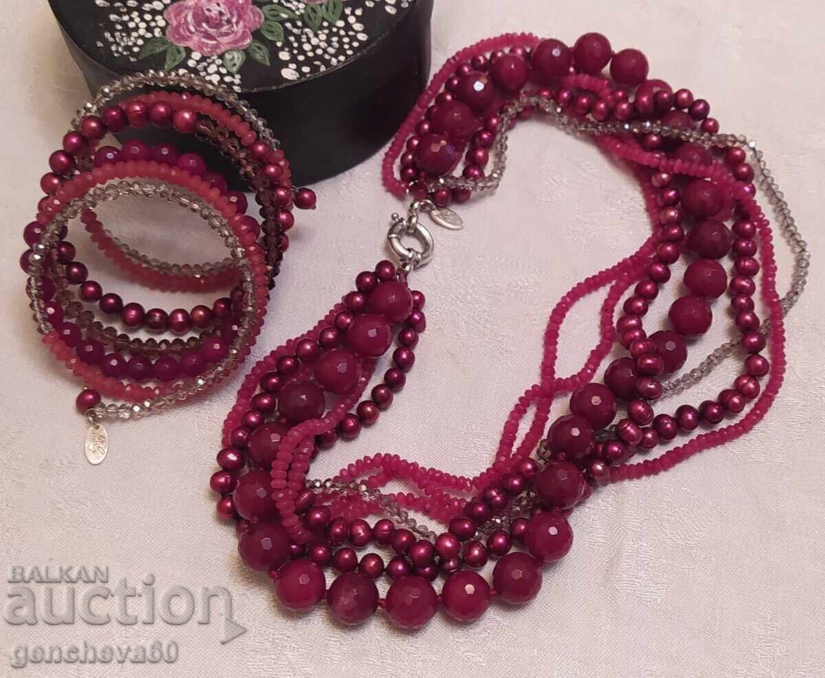 Auction Designer bracelet and necklace with natural rubies, pearls, crystals, silver Auction Designer bracelet and necklace with natural rubies, pearls, crystals, silver