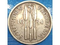 Southern Rhodesia 3p 1934 George V Silver - Rare