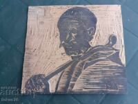 Original old wooden matrix for linocut with signature KA