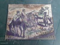 Original old linocut matrix signed KA